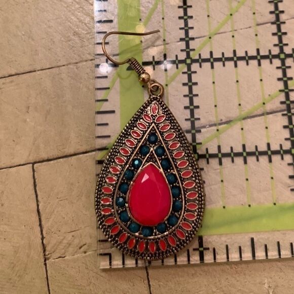 BOGO! Red-Orange & Green Boho Teardrop Earrings - Picture 5 of 5